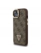 Guess iPhone 15 Hülle Case MagSafe Strass Triangle Logo Stand Camera Braun