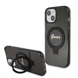 Guess iPhone 15 Hülle Case Ring Stand MagSafe Glitter Schwarz