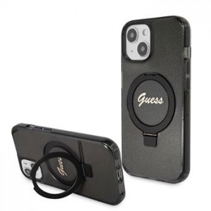 Guess iPhone 15 Case Ring Stand MagSafe Glitter Black