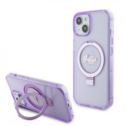 Guess iPhone 15 Plus Hülle Case Ring Stand MagSafe Glitter Violett