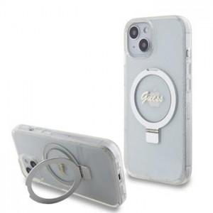 Guess iPhone 15 Case Ring Stand MagSafe Glitter Transparent