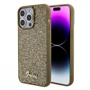 Guess iPhone 15 Pro Max Hülle Case Cover Square Disco Script Metal Gold