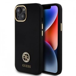 Guess iPhone 15 Hülle Case Silikon 4G Strass Metal Logo Schwarz