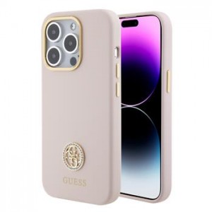 Guess iPhone 15 Pro Case Silicone 4G Rhinestone Metal Logo Pink