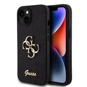 Guess iPhone 15 Hülle Case Fixed Glitter 4G Metal Logo Schwarz