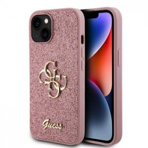 Guess iPhone 15 Hülle Case Fixed Glitter 4G Metal Logo Rosa Pink