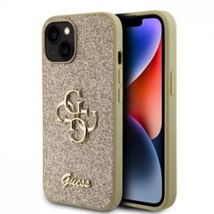 Guess iPhone 15 Hülle Case Fixed Glitter 4G Metal Logo Gold