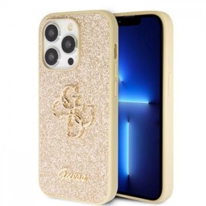 Guess iPhone 15 Pro Max Case Fixed Glitter 4G Metal Logo Gold