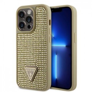 Guess iPhone 15 Pro Case Rhinestones Triangle Metal Logo Gold