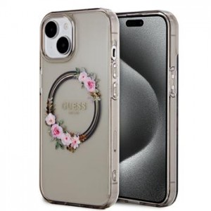 Guess iPhone 15 Case MagSafe Flowers Ring Black