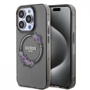 Guess iPhone 15 Pro Case MagSafe Flowers Ring Black