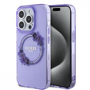Guess iPhone 15 Pro Case MagSafe Flowers Ring Purple