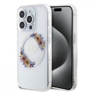 Guess iPhone 14 Pro Case MagSafe Flowers Ring Transparent