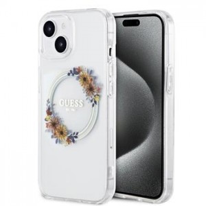 Guess iPhone 15 Plus Case MagSafe Flowers Ring Transparent
