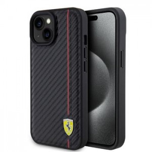 Ferrari iPhone 15 Case Carbon Vertical Red Line Black