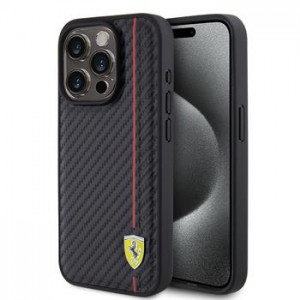 Ferrari iPhone 15 Pro Hülle Case Carbon Vertical Red Line Schwarz
