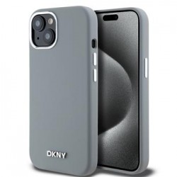 DKNY iPhone 15 Hülle Case Magsafe Silikon Metal Logo Grau