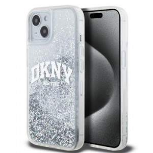 DKNY iPhone 15 Hülle Case Liquid Glitter Arch Logo Silber