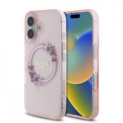 Guess iPhone 16 Case Flowers Ring MagSafe Pink