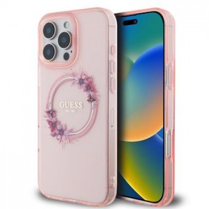 Guess iPhone 16 Pro Hülle Case MagSafe Flowers Ring Rosa Pink