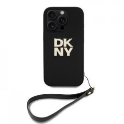 DKNY iPhone 16 Pro Max Case Leather Stack Logo Wrist Strap Black