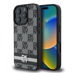 DKNY iPhone 16 Pro Max Case Leather Checkered Pattern and Stripe Black