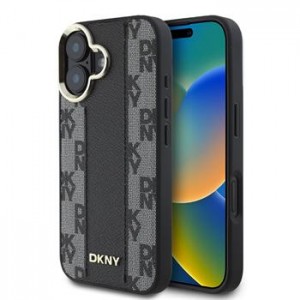 DKNY iPhone 16 Plus Hülle Case Leather Magsafe Checkered Pattern Schwarz