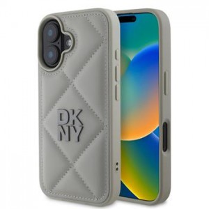 DKNY iPhone 16 Plus Hülle Case Leather Quilted Stack Logo Grau