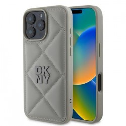 DKNY iPhone 16 Pro Max Case Leather Quilted Stack Logo Grey