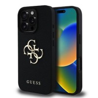 Guess iPhone 16 Pro Hülle Case Grained 4G Metal Logo Schwarz