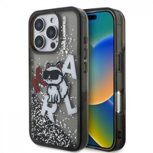 Karl Lagerfeld iPhone 16 Pro Hülle Case Liquid Glitter Scattered Choupette Schwarz