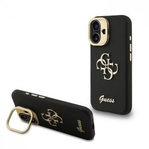 Guess iPhone 16 Case Grained 4G Logo Stand Camera Frame Black