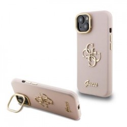 Guess iPhone 15 Hülle Case Grained 4G Logo Stand Camera Frame Rosa