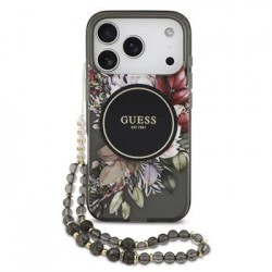 Guess iPhone 17 Pro Hülle Case MagSafe Flowers Strap Schwarz