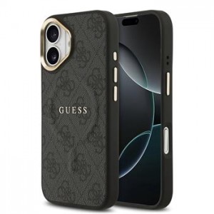 Guess iPhone 17 Hülle Case Leather 4G Gold Frame MagSafe Schwarz