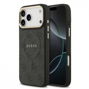 Guess iPhone 17 Pro Max Hülle Case Leather 4G Gold Frame MagSafe Schwarz