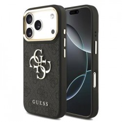 Guess iPhone 17 Pro Hülle Case Leather 4G Metal Logo Gold Frame Schwarz