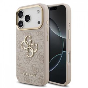 Guess iPhone 17 Pro Hülle Case Leather 4G Metal Logo Gold Frame Rosa