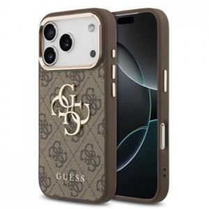 Guess iPhone 17 Pro Max Hülle Case Leather 4G Metal Logo Gold Frame Braun