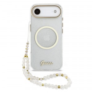 Guess iPhone 17 Air Hülle Case Glitter Script Strap MagSafe Transparent