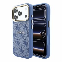 Guess iPhone 18 Pro Hülle Case 4G Metal Frame Embossed MagSafe Blau