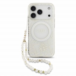 Guess iPhone 18 Pro Hülle Case Flowers Allover MagSafe Armband Weiß