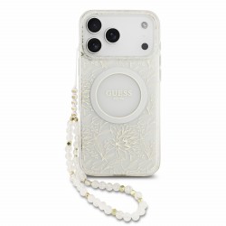 Guess iPhone 18 Pro Max Hülle Case Flowers Allover MagSafe Armband Weiß