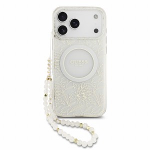 Guess iPhone 18 Pro Max Hülle Case Flowers Allover MagSafe Armband Weiß
