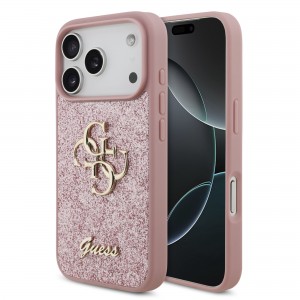 Guess iPhone 18 Pro Hülle Case Fixed Glitter 4G Metal Logo Pink