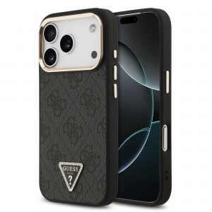 Guess iPhone 18 Pro Hülle Case 4G Strass Triangle Frame Metal MagSafe Schwarz