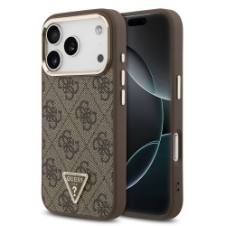 Guess iPhone 18 Pro Hülle Case 4G Strass Triangle Frame Metal MagSafe Braun
