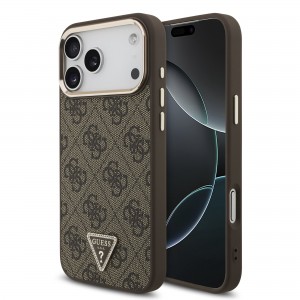 Guess iPhone 18 Pro Max Hülle Case 4G Strass Triangle Frame Metal MagSafe Braun