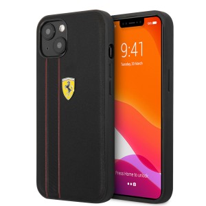 Ferrari iPhone 13 14 Hülle Case Echtleder Debossed Stripes Schwarz