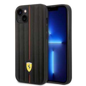 Ferrari iPhone 14 Case Embossed Stripes Genuine Leather Black